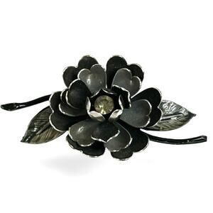 Vintage Coro 1950s Black Silver Tone Metal 3D Rhinestone Accents Rose Brooch